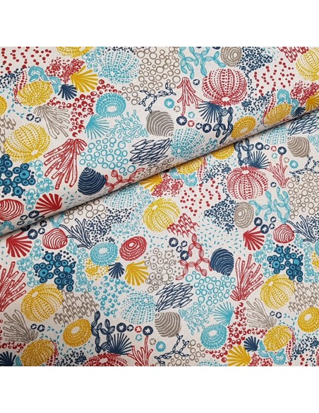 Tissu, Cretonne de Coton Motif Corail, Corail sur Blanc, Laize 160 cm, 100% Coton