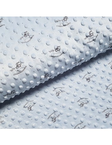 Tissu, Polaire Minky Imprimé Chevaux de Bois, Bleu Ciel, Laize 150 cm, 100% Polyester