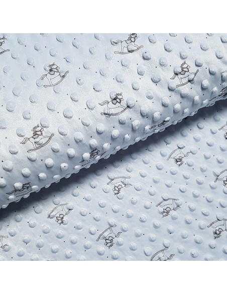 Tissu, Polaire Minky Imprimé Chevaux de Bois, Bleu Ciel, Laize 150 cm, 100% Polyester