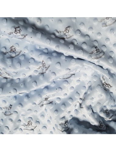 Tissu, Polaire Minky Imprimé Chevaux de Bois, Bleu Ciel, Laize 150 cm, 100% Polyester