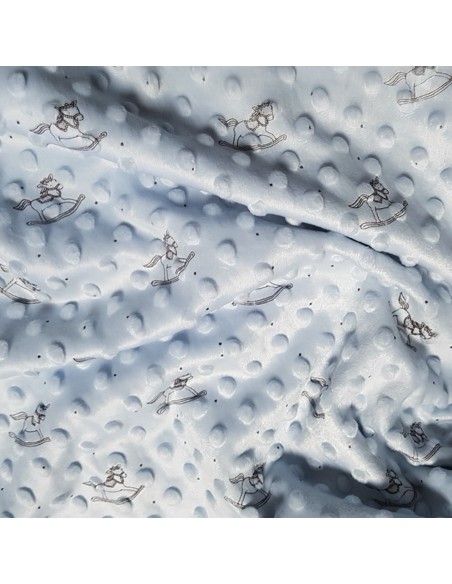 Tissu, Polaire Minky Imprimé Chevaux de Bois, Bleu Ciel, Laize 150 cm, 100% Polyester