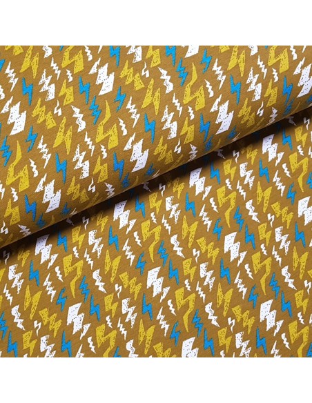 Tissu, Jersey de Coton Imprimé Éclairs, Moutarde Thunderstruck, Laize 145 cm, Coton Stretch Oeko-Tex
