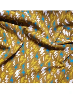 Tissu, Jersey de Coton Imprimé Éclairs, Moutarde Thunderstruck, Laize 145 cm, Coton Stretch Oeko-Tex 2