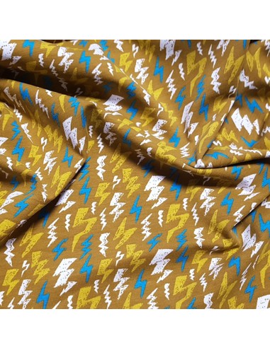 Tissu, Jersey de Coton Imprimé Éclairs, Moutarde Thunderstruck, Laize 145 cm, Coton Stretch Oeko-Tex