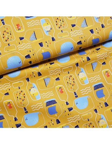 Tissu, Popeline de Coton Bouteilles à la Mer, Jaune Moutarde, Laize 150 cm, 100% Coton 195g/ml