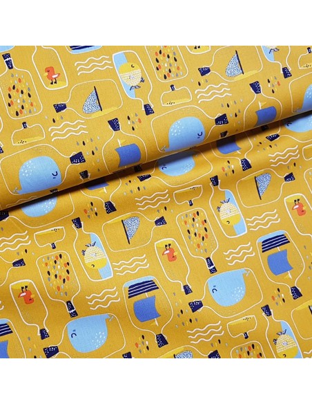 Tissu, Popeline de Coton Bouteilles à la Mer, Jaune Moutarde, Laize 150 cm, 100% Coton 195g/ml
