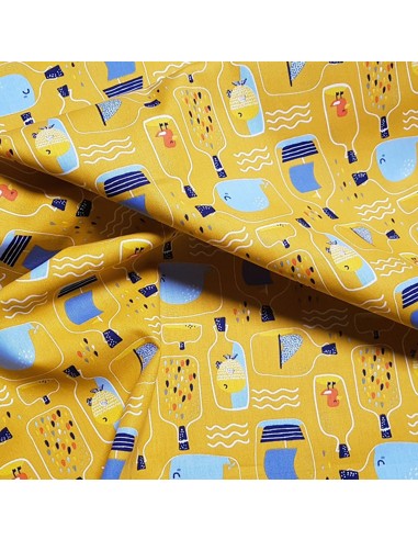 Tissu, Popeline de Coton Bouteilles à la Mer, Jaune Moutarde, Laize 150 cm, 100% Coton 195g/ml