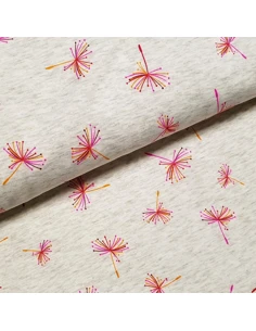 Tissu, Sweat Imprimé Fleurs Pissenlits, Multicolore, Laize 150 cm, 40% Coton 56% Polyester 4% Spandex