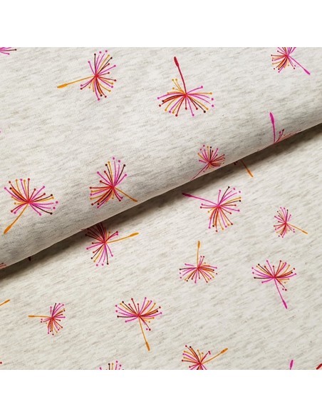 Tissu, Sweat Imprimé Fleurs Pissenlits, Multicolore, Laize 150 cm, 40% Coton 56% Polyester 4% Spandex