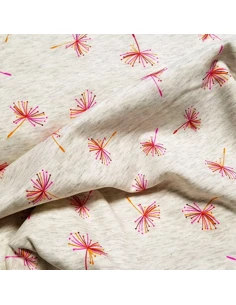 Tissu, Sweat Imprimé Fleurs Pissenlits, Multicolore, Laize 150 cm, 40% Coton 56% Polyester 4% Spandex 2