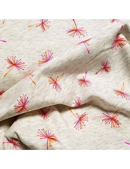 Tissu, Sweat Imprimé Fleurs Pissenlits, Multicolore, Laize 150 cm, 40% Coton 56% Polyester 4% Spandex