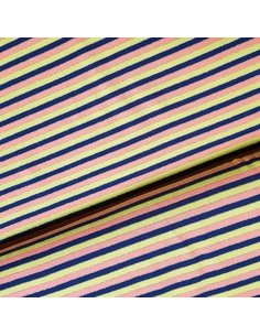 Tissu, Jersey de Coton Rayé, Bleu Marine, Rose, Jaune & Liseré Doré, Laize 150 cm, Coton Stretch Oeko-Tex