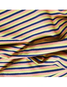 Tissu, Jersey de Coton Rayé, Bleu Marine, Rose, Jaune & Liseré Doré, Laize 150 cm, Coton Stretch Oeko-Tex 2