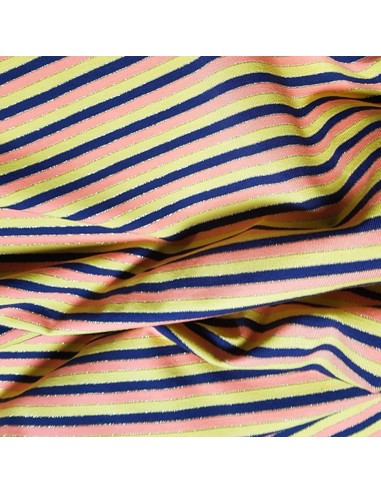 Tissu, Jersey de Coton Rayé, Bleu Marine, Rose, Jaune & Liseré Doré, Laize 150 cm, Coton Stretch Oeko-Tex
