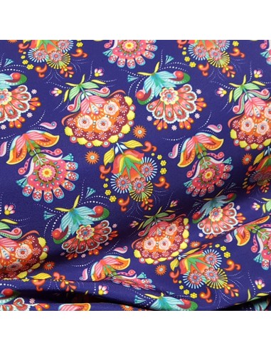 Tissu, Softshell Molletonné Fleuri, Bleu Marine & Violet, Laize 147 cm, 96% Polyester 4% Spandex Déperlant
