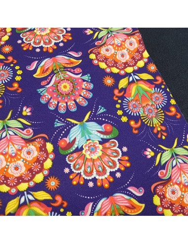Tissu, Softshell Molletonné Fleuri, Bleu Marine & Violet, Laize 147 cm, 96% Polyester 4% Spandex Déperlant