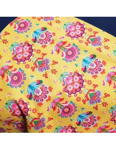 Tissu, Softshell Fleuri, Bleu Marine & Jaune Moutarde, Laize 147 cm, Déperlant Molletonné Oeko-Tex