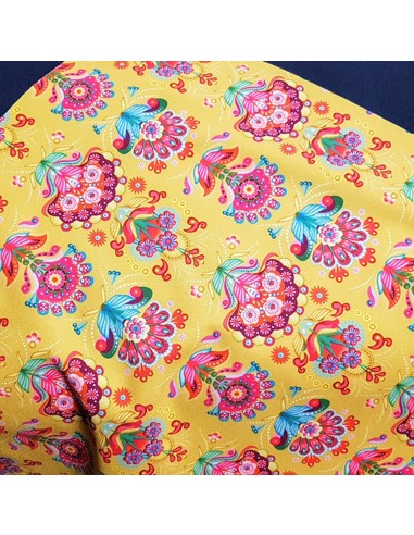 Tissu, Softshell Fleuri, Bleu Marine & Jaune Moutarde, Laize 147 cm, Déperlant Molletonné Oeko-Tex