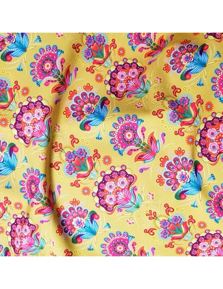 Tissu, Softshell Fleuri, Bleu Marine & Jaune Moutarde, Laize 147 cm, Déperlant Molletonné Oeko-Tex