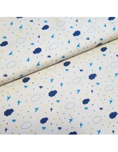Tissu, Piqué de Coton, Oiseaux et Nuages sur Blanc, Laize 150 cm, 100% Coton