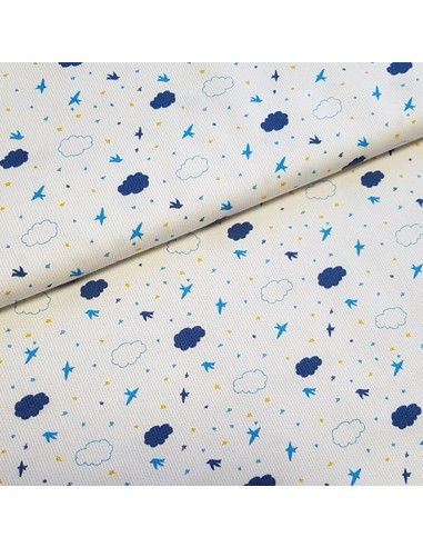 Tissu, Piqué de Coton, Oiseaux et Nuages sur Blanc, Laize 150 cm, 100% Coton