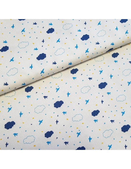 Tissu, Piqué de Coton, Oiseaux et Nuages sur Blanc, Laize 150 cm, 100% Coton