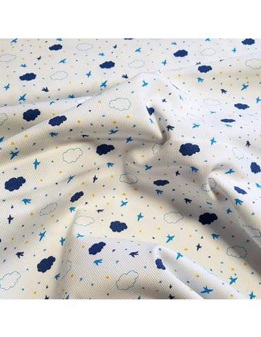 Tissu, Piqué de Coton, Oiseaux et Nuages sur Blanc, Laize 150 cm, 100% Coton