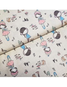 Tissu, Popeline de Coton Motifs Filles "Outdoor Girls", Fond Beige, Laize 150 cm, 100% Coton