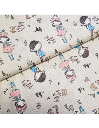 Tissu, Popeline de Coton Motifs Filles "Outdoor Girls", Fond Beige, Laize 150 cm, 100% Coton
