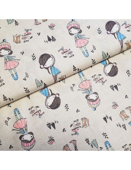 Tissu, Popeline de Coton Motifs Filles "Outdoor Girls", Fond Beige, Laize 150 cm, 100% Coton