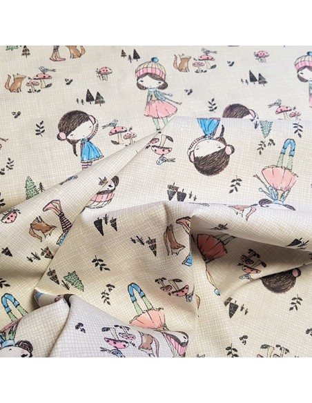 Tissu, Popeline de Coton Motifs Filles "Outdoor Girls", Fond Beige, Laize 150 cm, 100% Coton