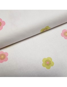 Tissu, Popeline de Coton Fleurs et Papillons, Multicolore sur Blanc, Laize 180 cm, 100% Coton 115g/m²