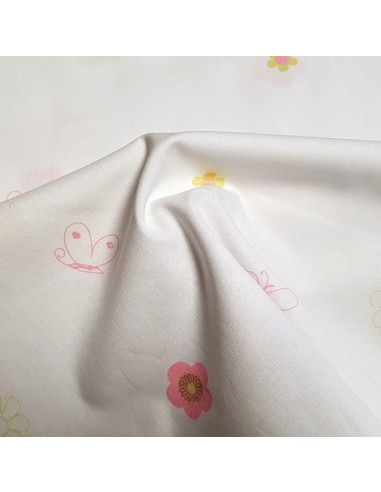 Tissu, Popeline de Coton Fleurs et Papillons, Multicolore sur Blanc, Laize 180 cm, 100% Coton 115g/m²