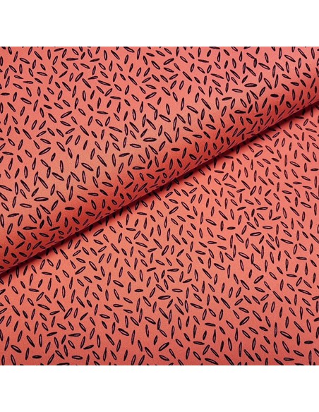 Tissu, Coton Satin Stretch Motif Pépins, Rose, Laize 150 cm, 95% Coton 3% Élasthanne