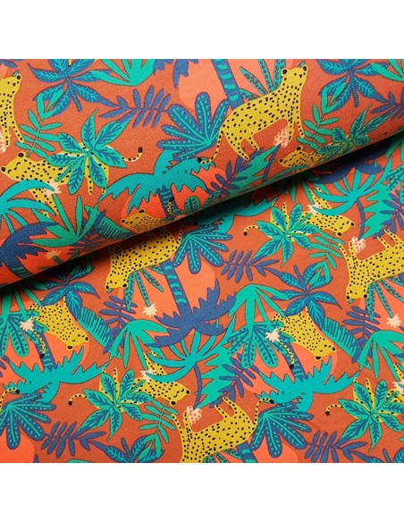 Tissu, Sweat Imprimé Tigre, Terracotta, Laize 150 cm, Coton Bio Stretch