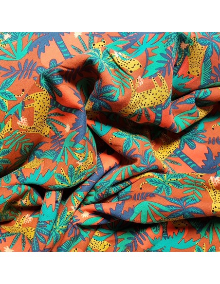 Tissu, Sweat Imprimé Tigre, Terracotta, Laize 150 cm, Coton Bio Stretch