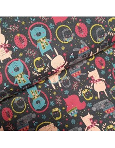 Tissu, French Terry Imprimé Lapins, Gris Foncé Cute Animals, Laize 150 cm, Coton Polyester Stretch Oeko-Tex