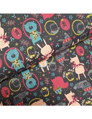 Tissu, French Terry Imprimé Lapins, Gris Foncé Cute Animals, Laize 150 cm, Coton Polyester Stretch Oeko-Tex