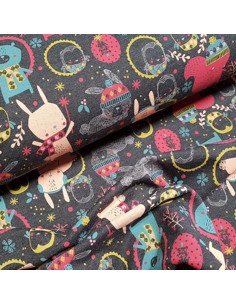 Tissu, French Terry Imprimé Lapins, Gris Foncé Cute Animals, Laize 150 cm, Coton Polyester Stretch Oeko-Tex 2