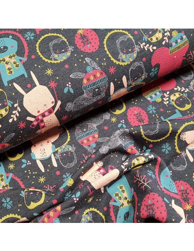Tissu, French Terry Imprimé Lapins, Gris Foncé Cute Animals, Laize 150 cm, Coton Polyester Stretch Oeko-Tex