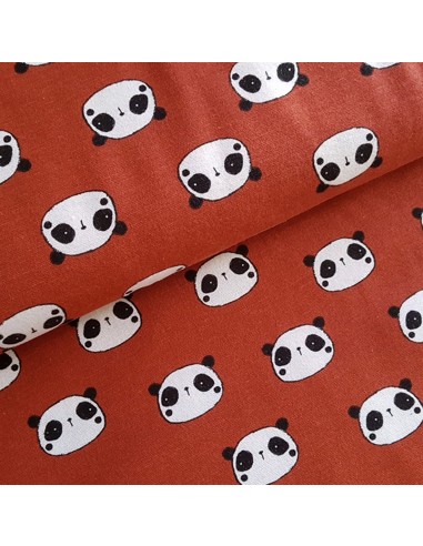 Tissu, Coton Gratté Imprimé Pandas, Terracota, Laize 145 cm, 100% Coton