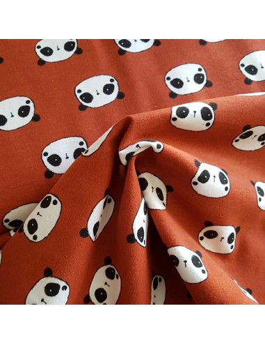 Tissu, Coton Gratté Imprimé Pandas, Terracota, Laize 145 cm, 100% Coton