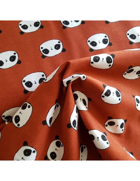 Tissu, Coton Gratté Imprimé Pandas, Terracota, Laize 145 cm, 100% Coton