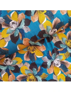 Tissu, Jersey de Viscose Fleuri, Fond Bleu, Laize 140 cm, Viscose Stretch