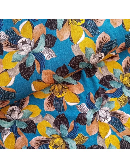 Tissu, Jersey de Viscose Fleuri, Fond Bleu, Laize 140 cm, Viscose Stretch