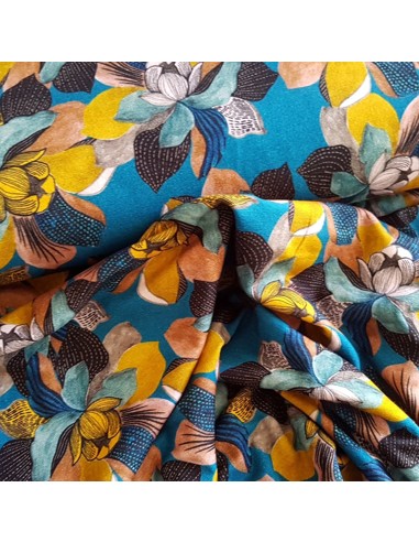 Tissu, Jersey de Viscose Fleuri, Fond Bleu, Laize 140 cm, Viscose Stretch