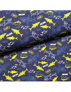 Tissu, Jersey de Coton Imprimé Requins, Bleu Marine Awesome Shark, Laize 150 cm, Coton Stretch Oeko-Tex