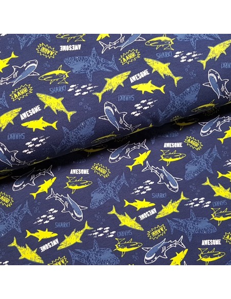Tissu, Jersey de Coton Imprimé Requins, Bleu Marine Awesome Shark, Laize 150 cm, Coton Stretch Oeko-Tex