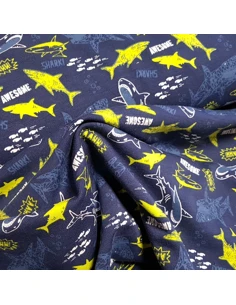 Tissu, Jersey de Coton Imprimé Requins, Bleu Marine Awesome Shark, Laize 150 cm, Coton Stretch Oeko-Tex 2