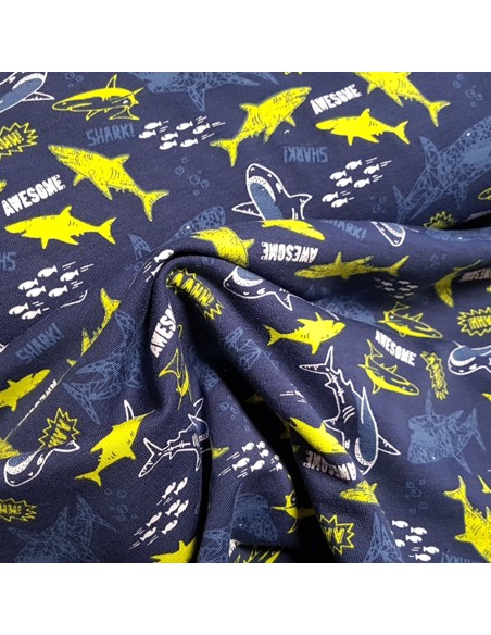 Tissu, Jersey de Coton Imprimé Requins, Bleu Marine Awesome Shark, Laize 150 cm, Coton Stretch Oeko-Tex